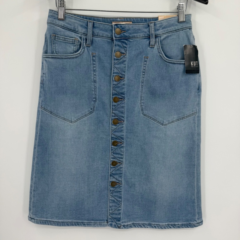 KUT from the Kloth Rose Denim Midi Skirt Light Wash Button Front Size 4 NWT